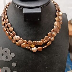 Elegant triple strand bronze fresh water coin pearl Beaded Necklace